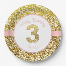 Pink and gold third birthday plates