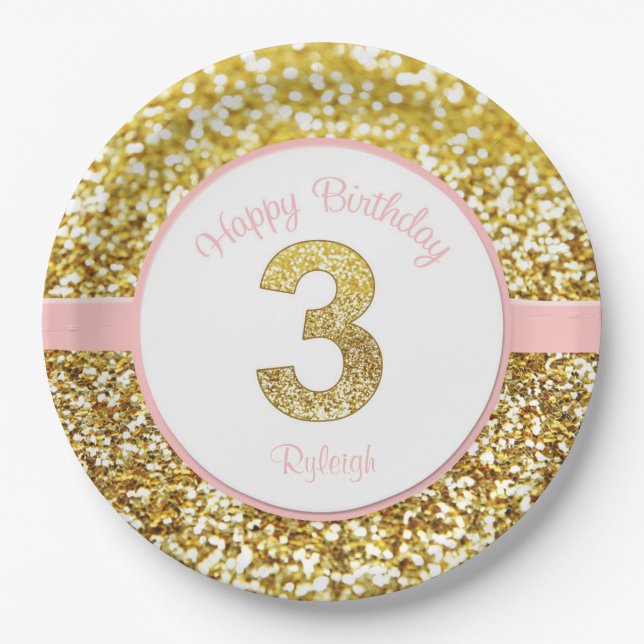Pink and gold third birthday plates (Front)