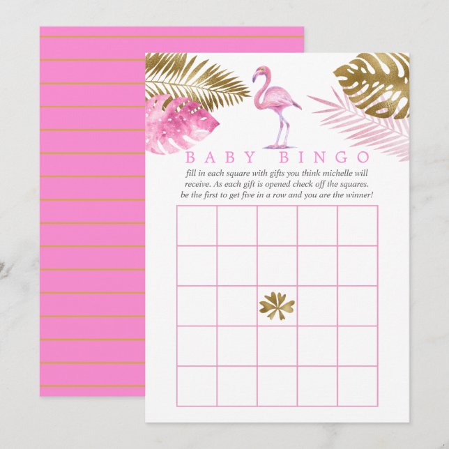 Pink and Gold Tropical Flamingo Baby Shower Bingo Invitation (Front/Back)