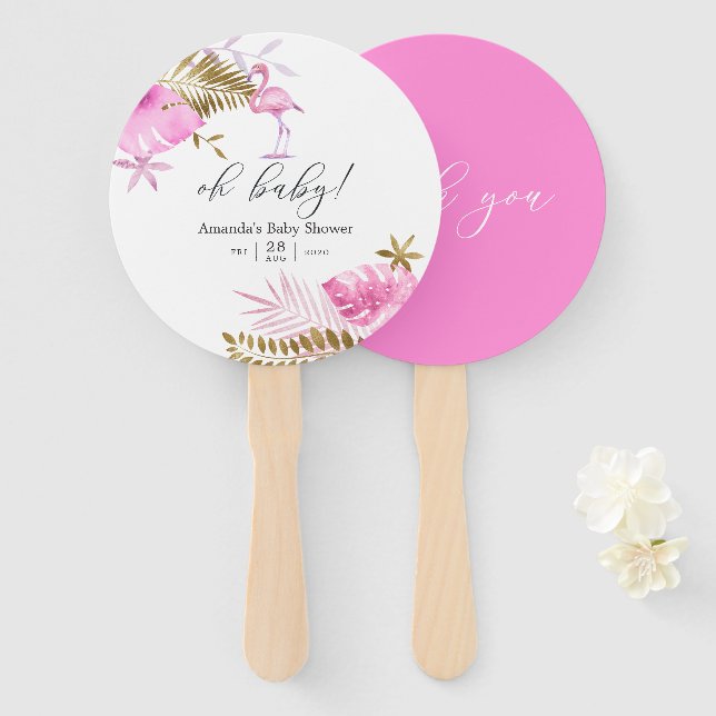 Pink and Gold Tropical Flamingo Girl Baby Shower Hand Fan (Front and Back)