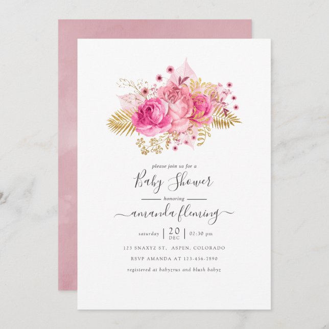 Pink and Gold Tropical Floral Baby Shower Invitation (Front/Back)