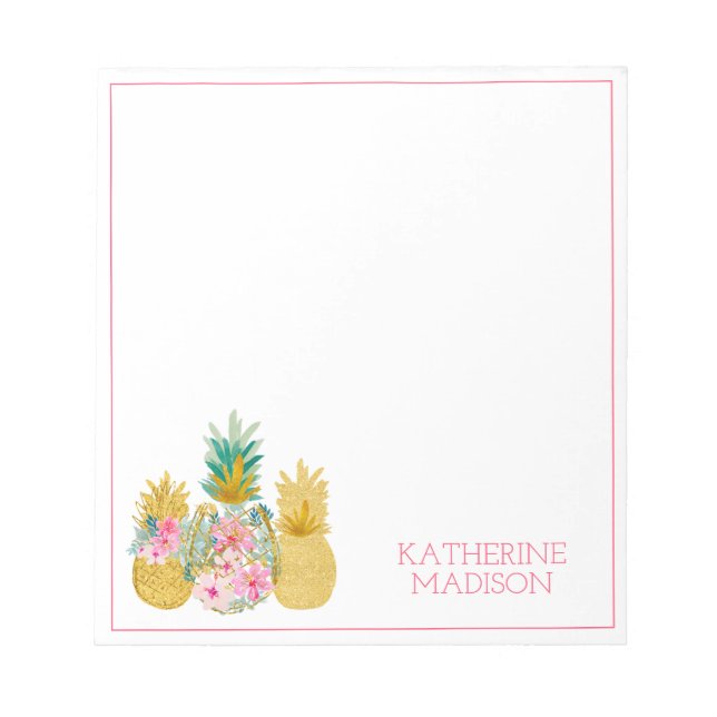 Pink and Gold Tropical Floral Pineapples Notepad (Front)