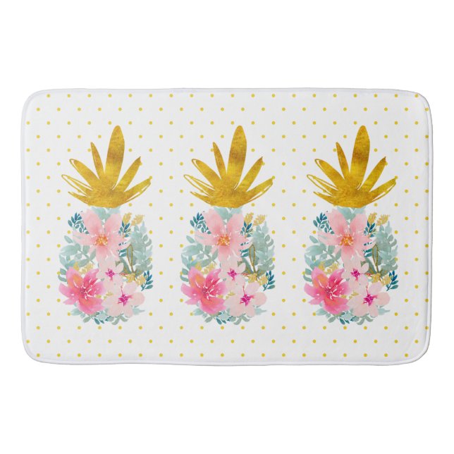 Pink and Gold Tropical Pineapples and Polka Dots Bath Mat (Front)