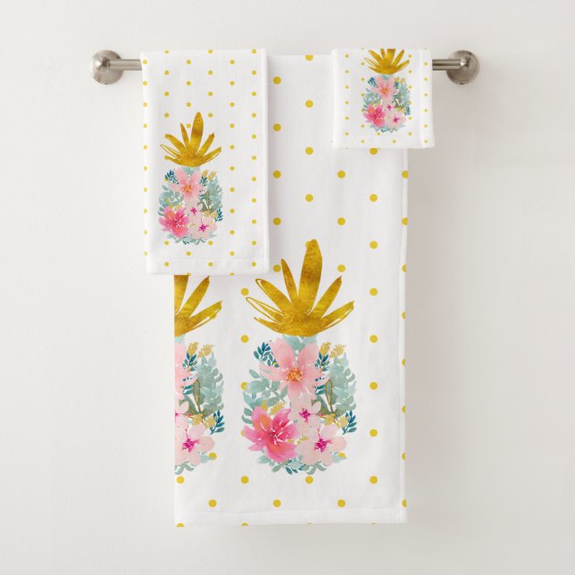 Pink and Gold Tropical Pineapples and Polka Dots Bath Towel Set (Insitu)