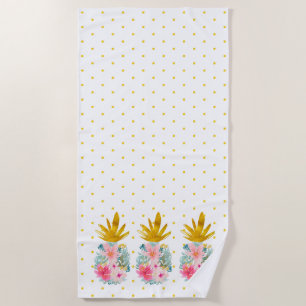 Pink and Gold Tropical Pineapples and Polka Dots Beach Towel