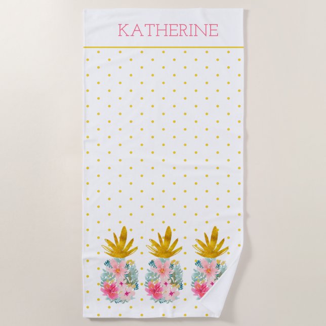 Pink and Gold Tropical Pineapples and Polka Dots Beach Towel (Front)