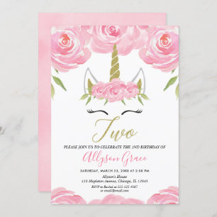 pink and gold Unicorn 2nd birthday girl Invitation
