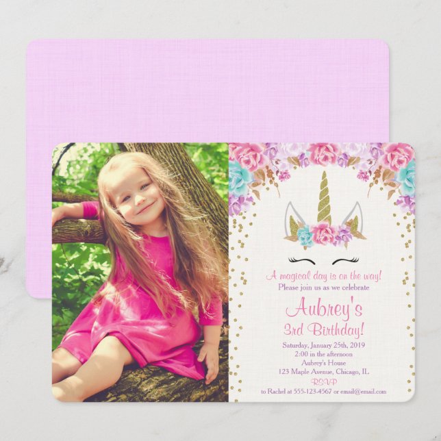 pink and gold unicorn birthday photo invitation (Front/Back)