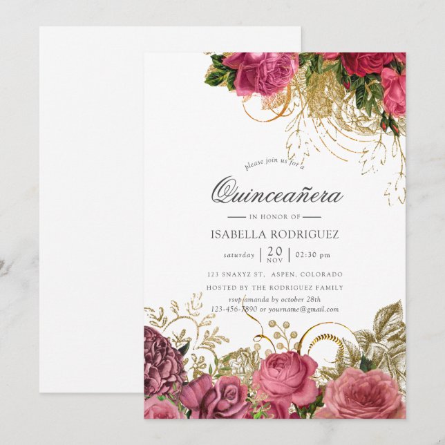 Pink and Gold Vintage Floral Quinceañera Invitation (Front/Back)