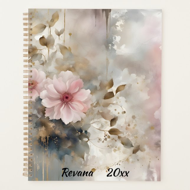 Pink and Gold Wabi-Sabi Flowers Grey Background Planner (Front)