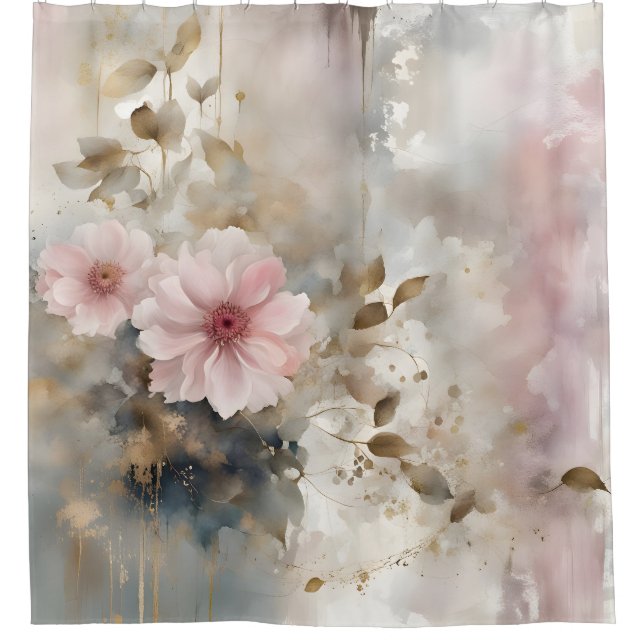 Pink and Gold Wabi-Sabi Flowers Grey Background Shower Curtain (Front)