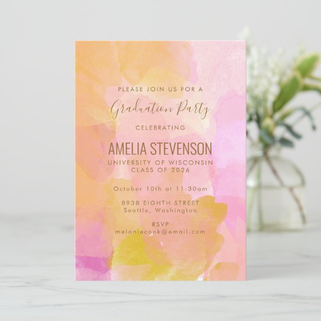 Pink and Gold Watercolor Abstract Graduation Party Invitation (Standing Front)