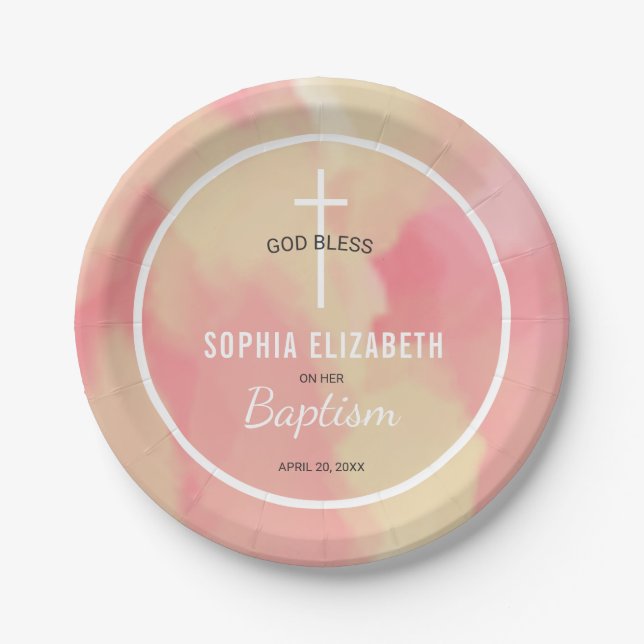 Pink and Gold Watercolor Baby Girl Baptism Paper Plate (Front)
