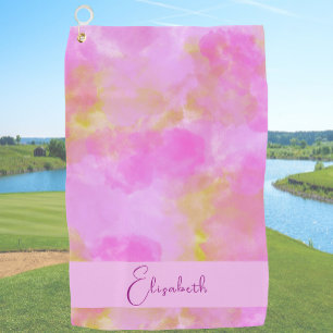 Pink and gold watercolor custom name womens golf towel