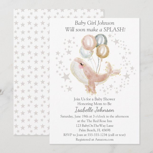Pink and Gold Watercolor Cute Whale Baby Shower Invitation (Front/Back)