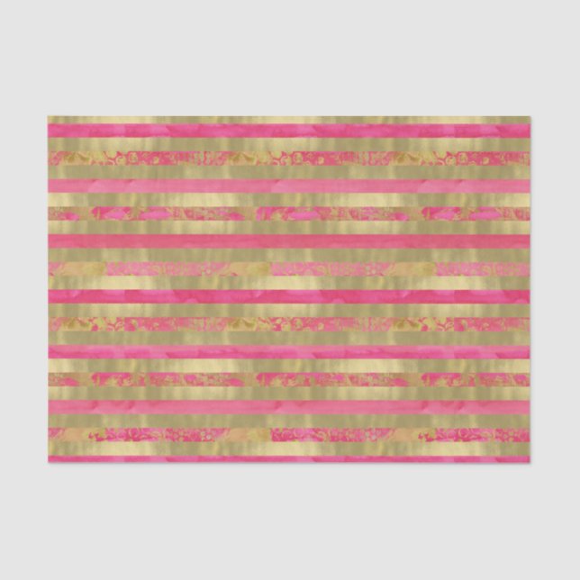 Pink and Gold Watercolor stripes Tissue Paper (Front)