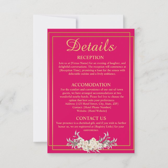 Pink and Gold Wedding Details Enclosure Card (Front)