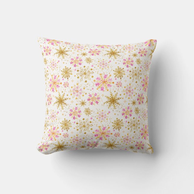 Pink and Gold Winter Snowflakes Cushion (Front)
