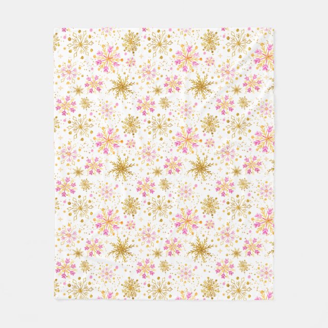 Pink and Gold Winter Snowflakes Fleece Blanket (Front)