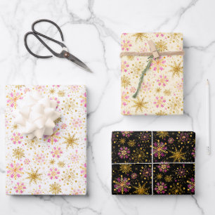 Pink and Gold Winter Snowflakes Pattern Wrapping Paper Sheet