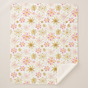 Pink and Gold Winter Snowflakes Sherpa Blanket