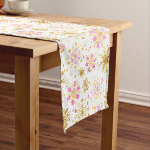 Pink and Gold Winter Snowflakes Short Table Runner