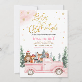Pink and Gold Winter Woodland Baby Shower Invitation