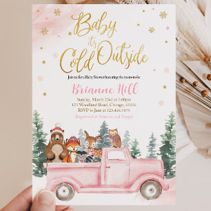 Pink and Gold Winter Woodland Baby Shower Invitation