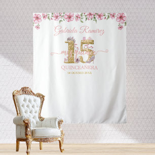 Pink and Golden Mis Quince Quinceañera Backdrop Tapestry