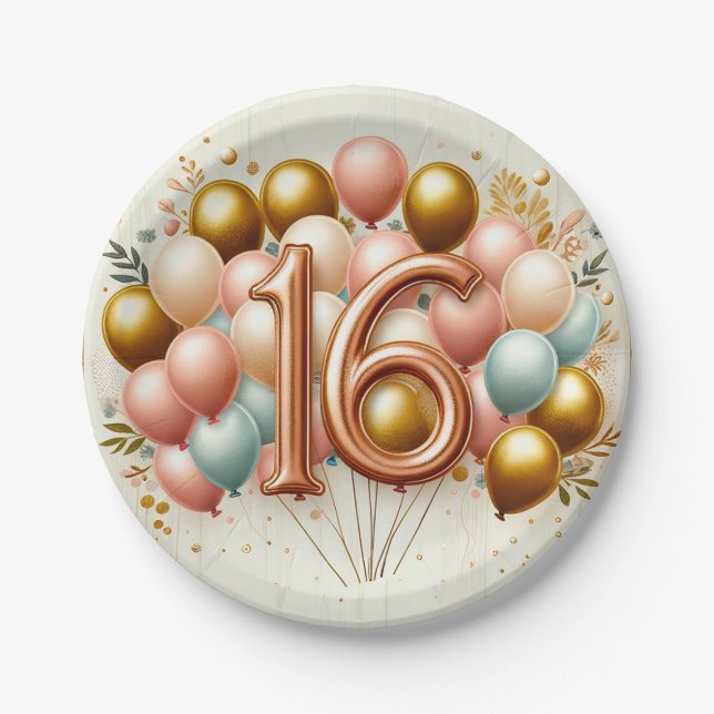 Pink and Golden Sweet Sixteenth Birthday Party Paper Plate (Front)