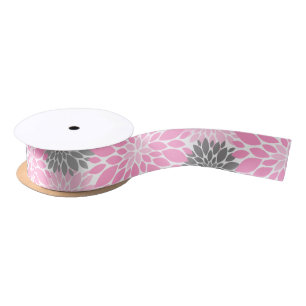 Pink and Gray Chrysanthemums Floral Pattern Satin Ribbon