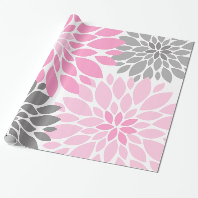 Pink and Gray Chrysanthemums Floral Pattern Wrapping Paper (Unrolled)