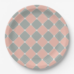 Pink and Gray Diamond Check Pattern Paper Plate