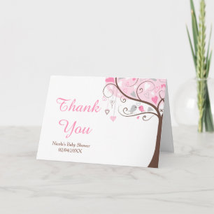 Pink and Gray Floral Bird Baby Shower Thank You Card