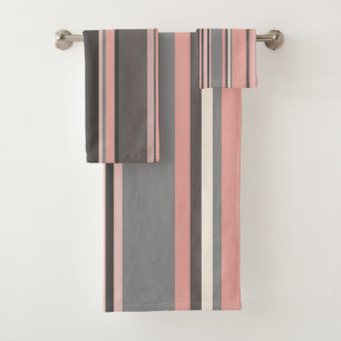 Pink and Gray Mid-century Modern Stripes   Bath Towel Set