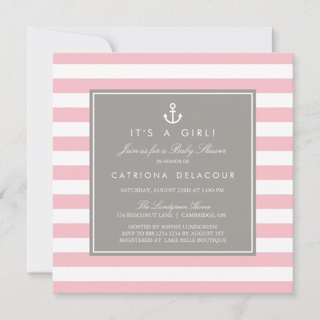 Pink and Gray  Nautical Baby Shower Invitation (Front)