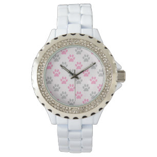 Pink and gray paw prints pattern watch
