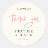 Pink and Green A Sweet Thank You Wedding Favour Classic Round Sticker (Front)