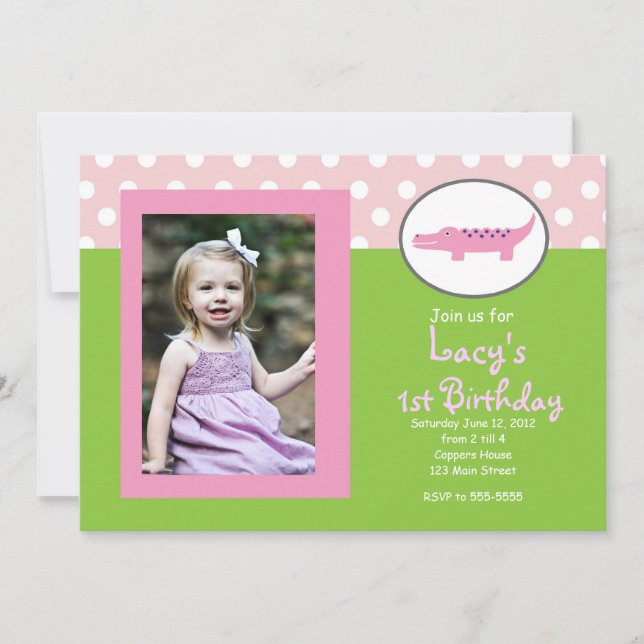 Pink and Green Alligator Birthday Invitation (Front)