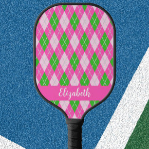 Pink and green argyle preppy custom name modern pickleball paddle