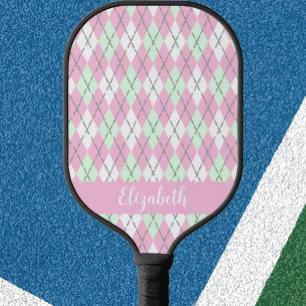 Pink and green argyle preppy custom name modern pickleball paddle
