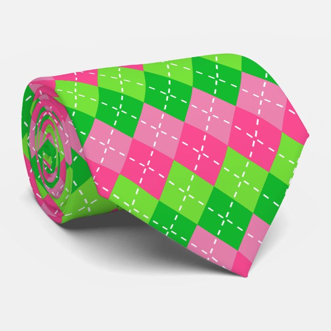Pink and Green Argyle with White Stitching Tie (Rolled)