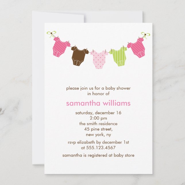Pink and Green Baby Girl Clothes Baby Shower Invitation (Front)