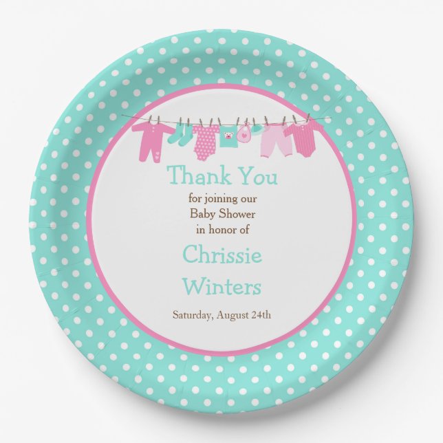 Pink and Green Baby Line Baby Shower Paper Plate (Front)