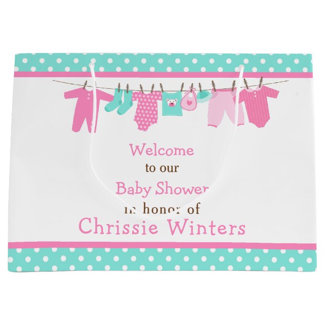 Pink and Green Baby Line Baby Shower Poster Large Gift Bag (Front)