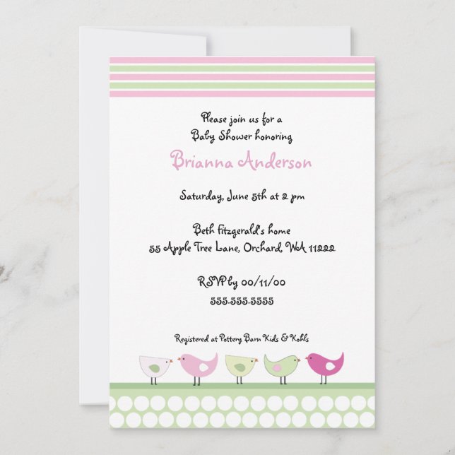 Pink and Green Birds Baby Shower Invitation (Front)