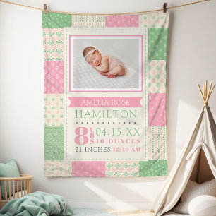 Pink and Green Birth Stats Photo Baby Fleece Blanket