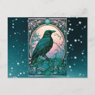 Pink and Green Black Bird Celestial Halloween Holiday Postcard