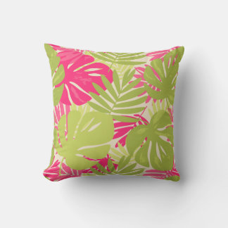 Pink and green bold vibrant monstera tropical leaf cushion