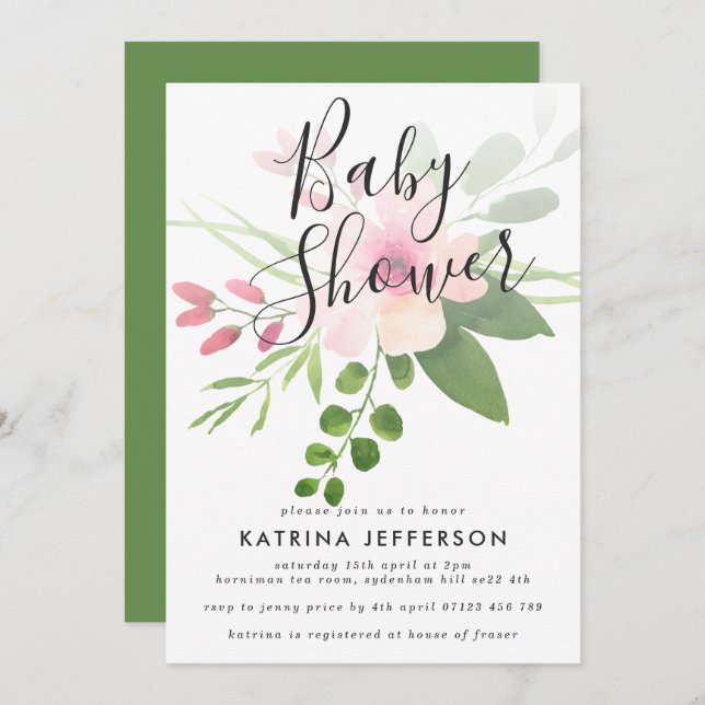 Pink and Green Bouquet Baby Shower Invitation (Front/Back)